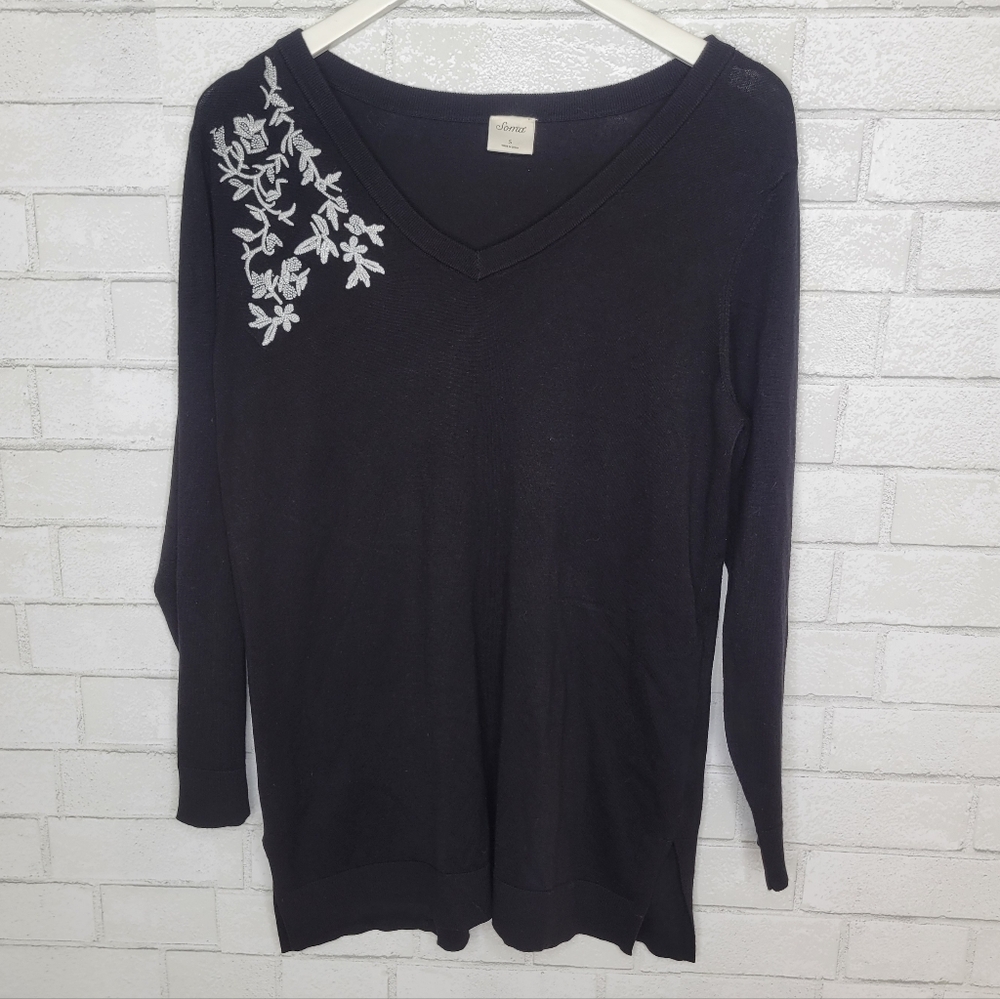 Soma Black Embroidered Floral Sweater